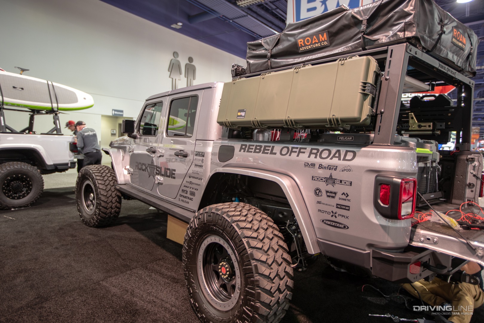 Overland truck bed rack on Jeep Gladiator with Nitto Trail grapplers at SEMA