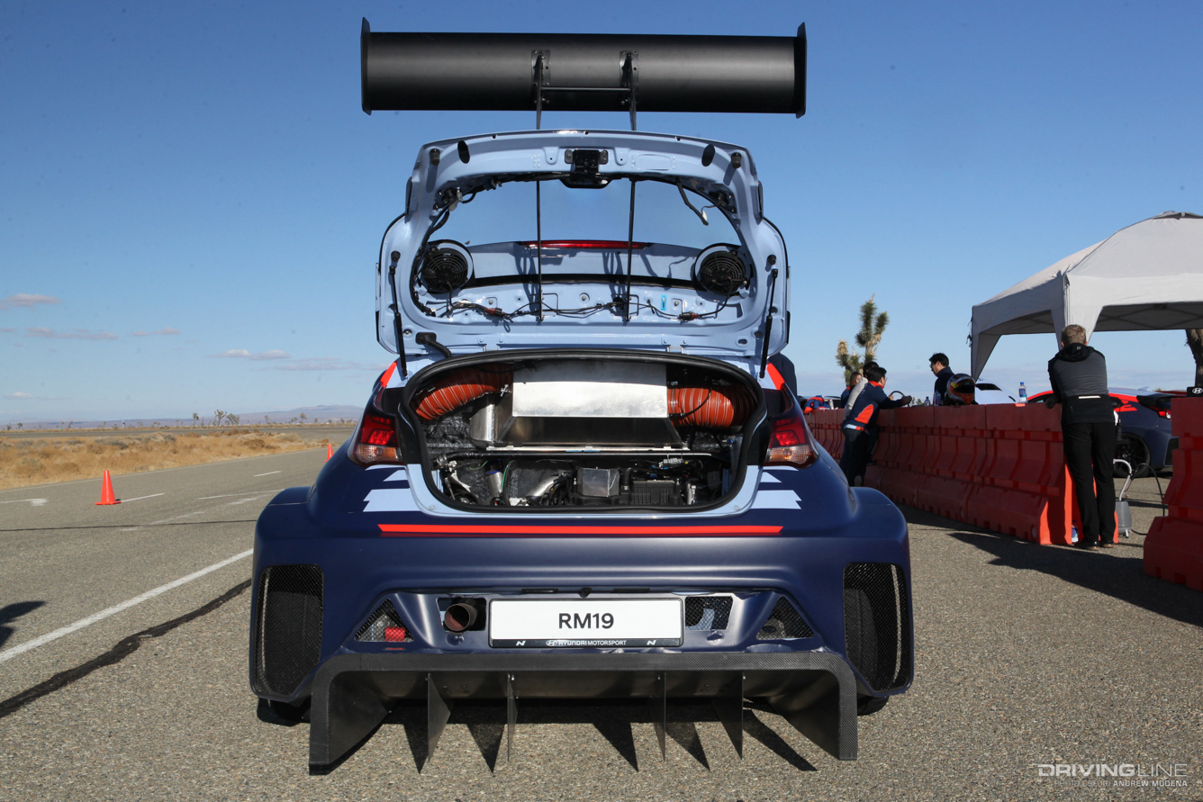 Hyundai RM19 rear hatch up showing engine