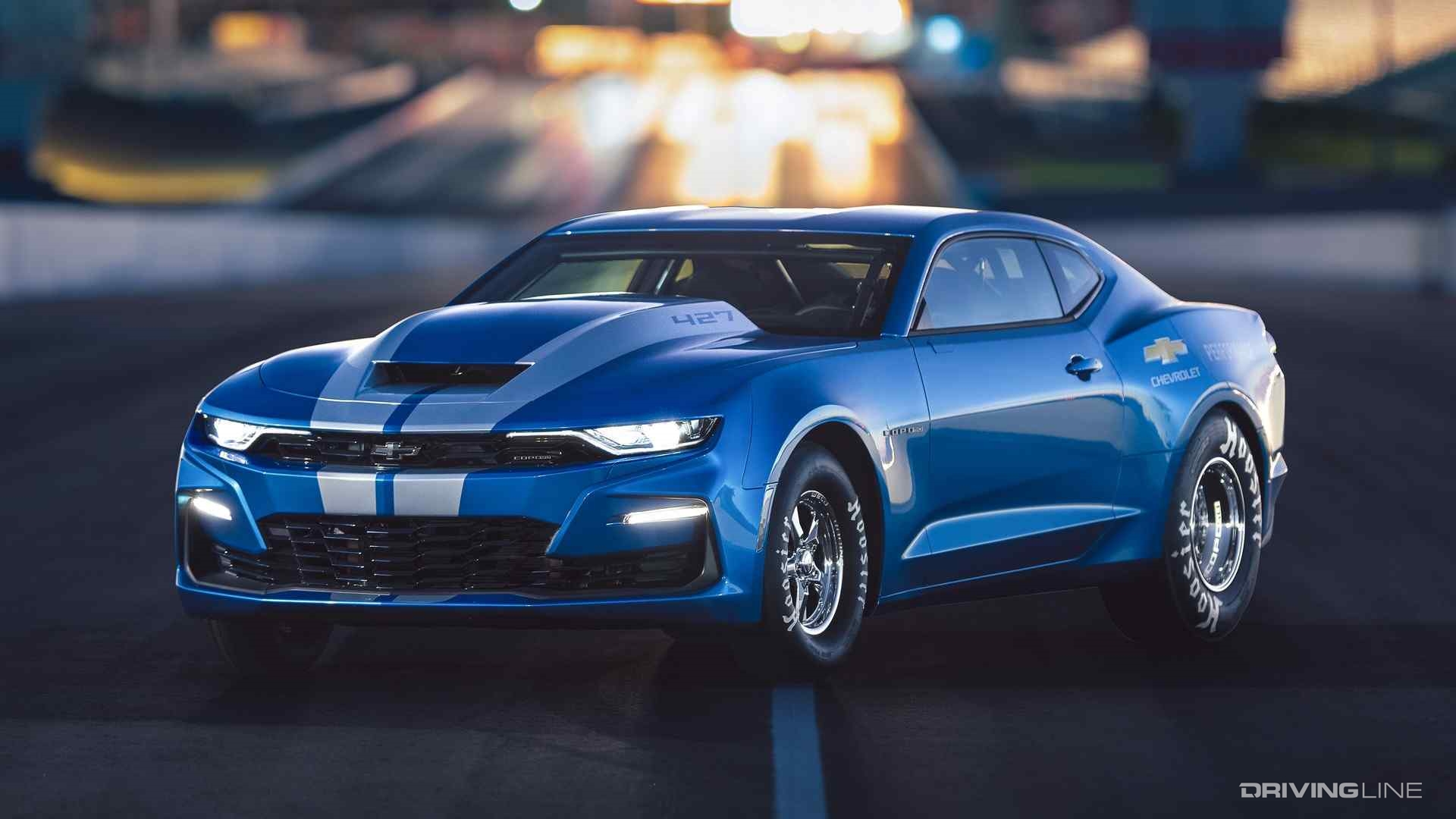 Modern COPO Camaro on dragstrip.