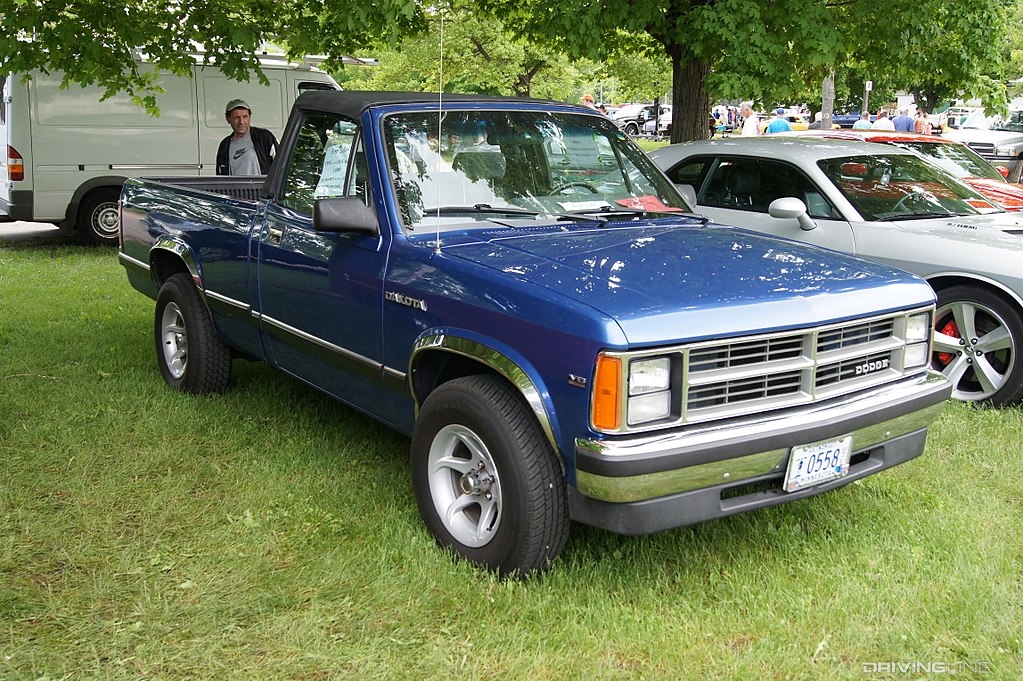 Blue Dodge Dakota Sport Convertible front view, top up