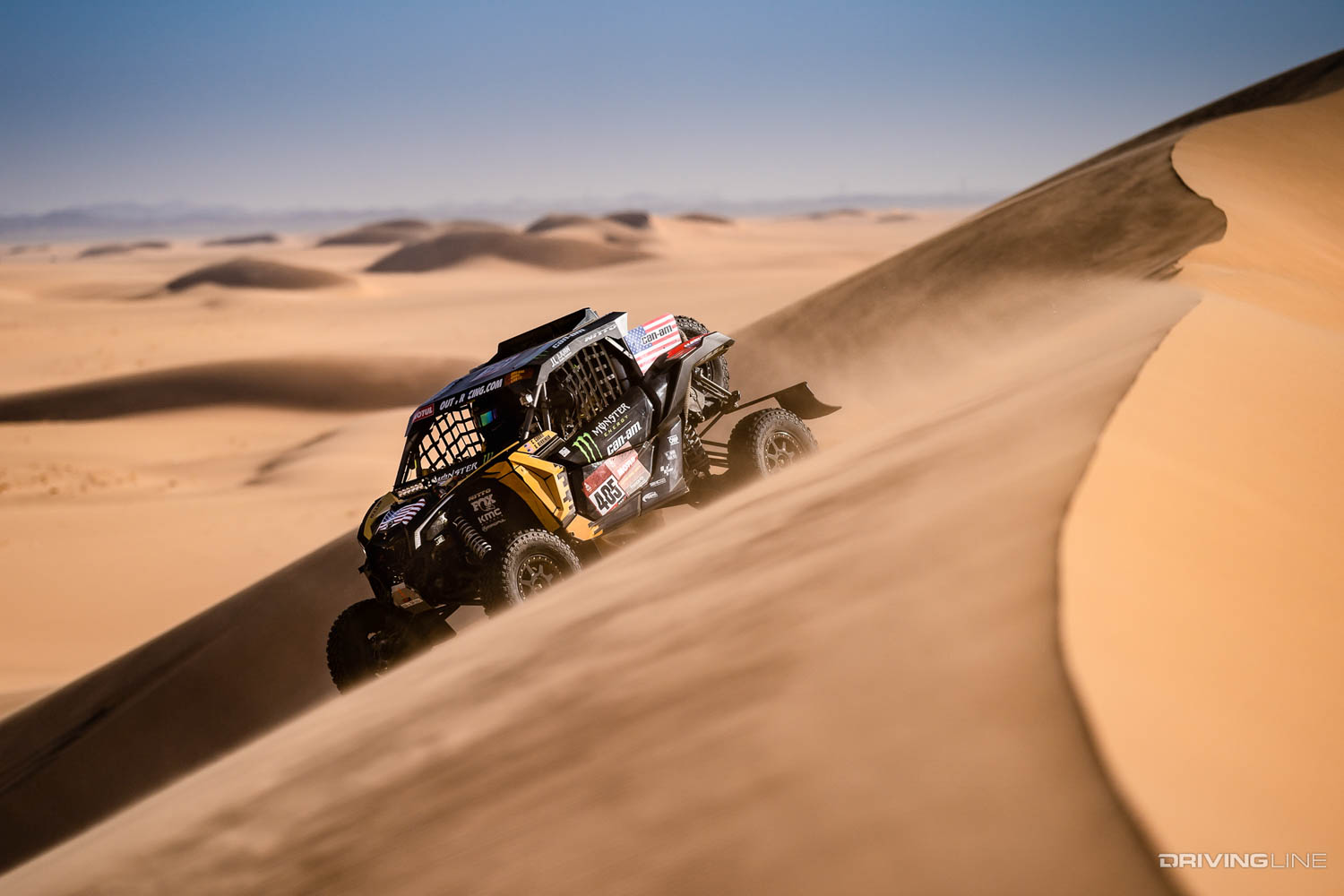 Casey Currie Racing down a sand dune in the 2020 Dakar