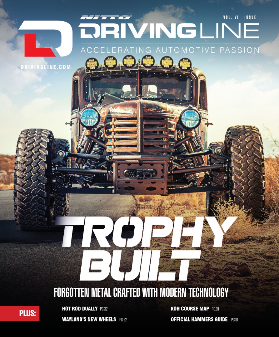 Driving Line Issue 22 Cover with front of Trophy T truck and says, "Trophy Built: Forgotten Metal Crafted with Modern Technology"