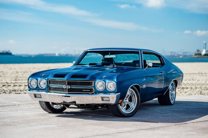 1970 Chevy Chevelle SS with Nitto NT555G2 and NT555R tires at a front 3/4 view on the beach in California
