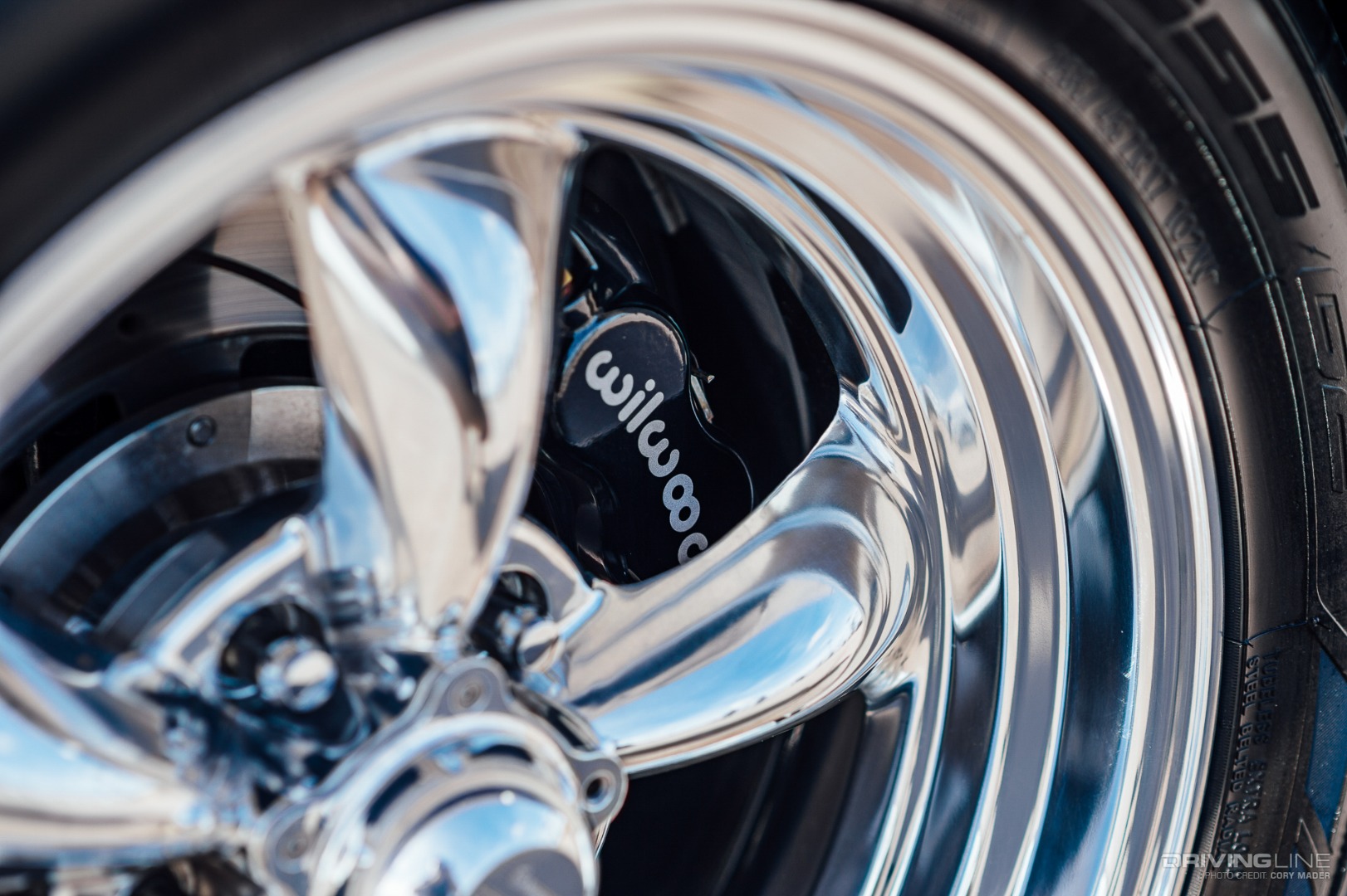 Detail shot of Wilwood brake caliper through the spokes of the wheel on a 1970 Chevy Chevelle SS with Nitto NT555G2 and NT555R tires
