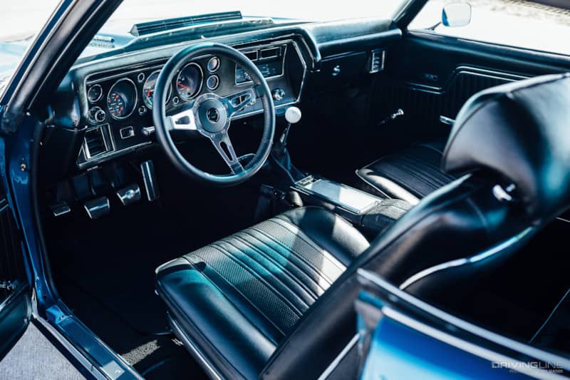Overview shot of 1970 Chevy Chevelle SS interior in black leather