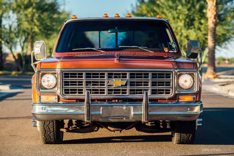 grille of 1977 Chevy C30 dually