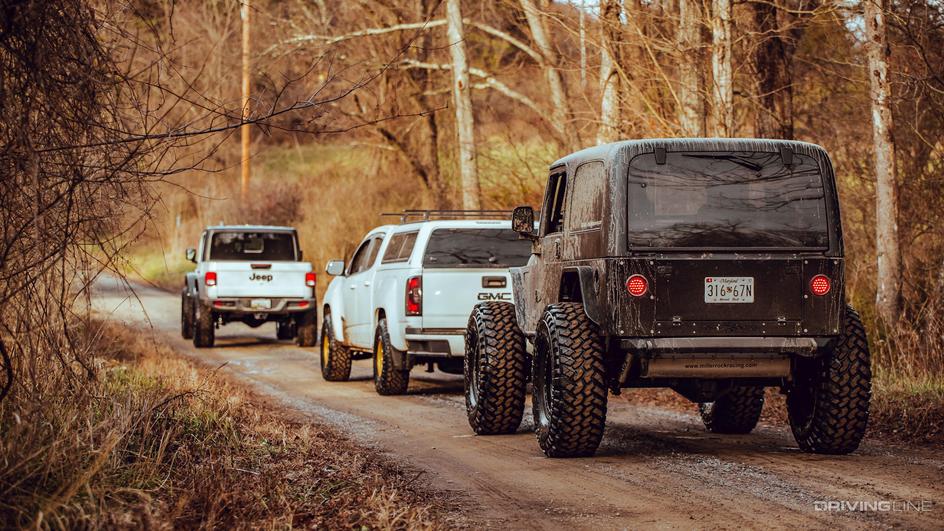 Jeep TJ, GMC Canyon and Jeep Gladiator on the trail