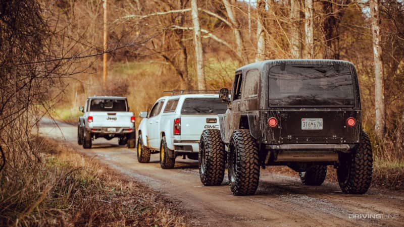 Jeep TJ, GMC Canyon and Jeep Gladiator on the trail