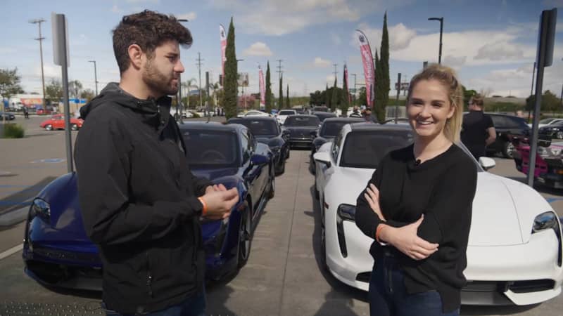 Kelly and Gabe with two Porsche Taycans