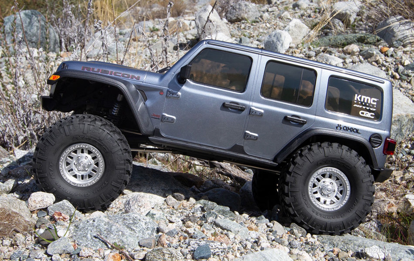 Axial SCX10 III JL Wrangler silver side profile on trail