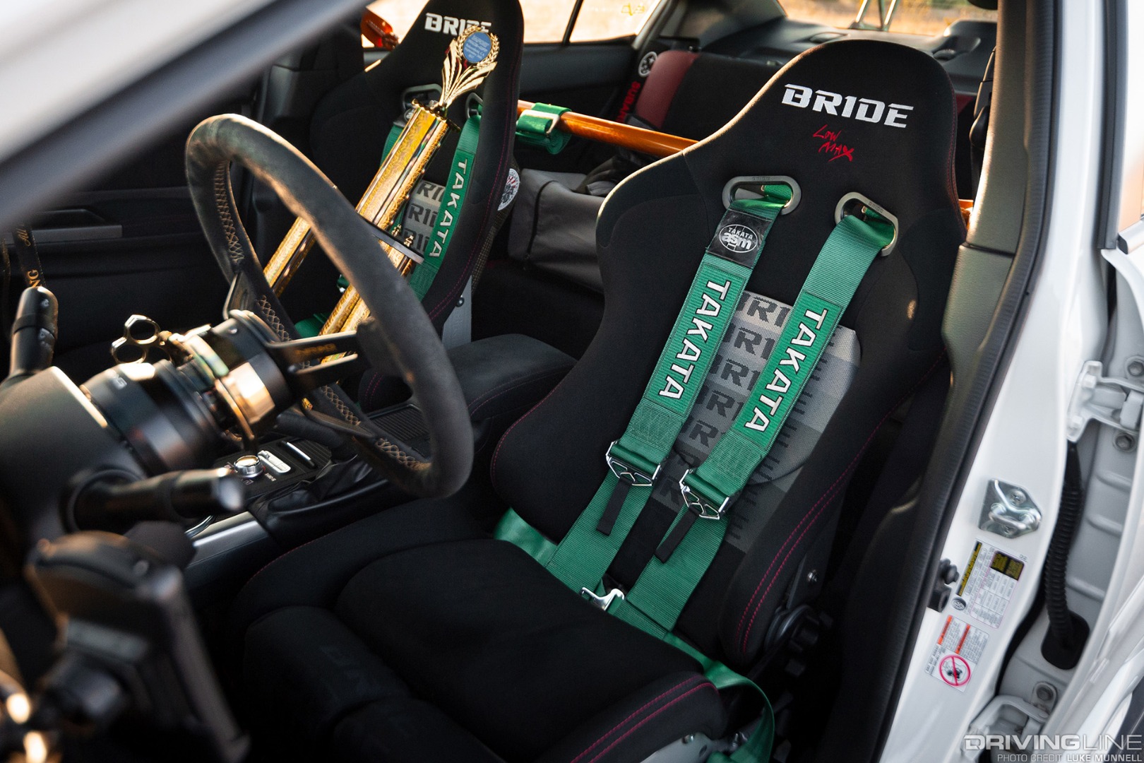 Roger Avila x_subie_x 2016 Subaru WRX STI interior Bride Low Max seats and Takata harnesses, around NRG harness bar