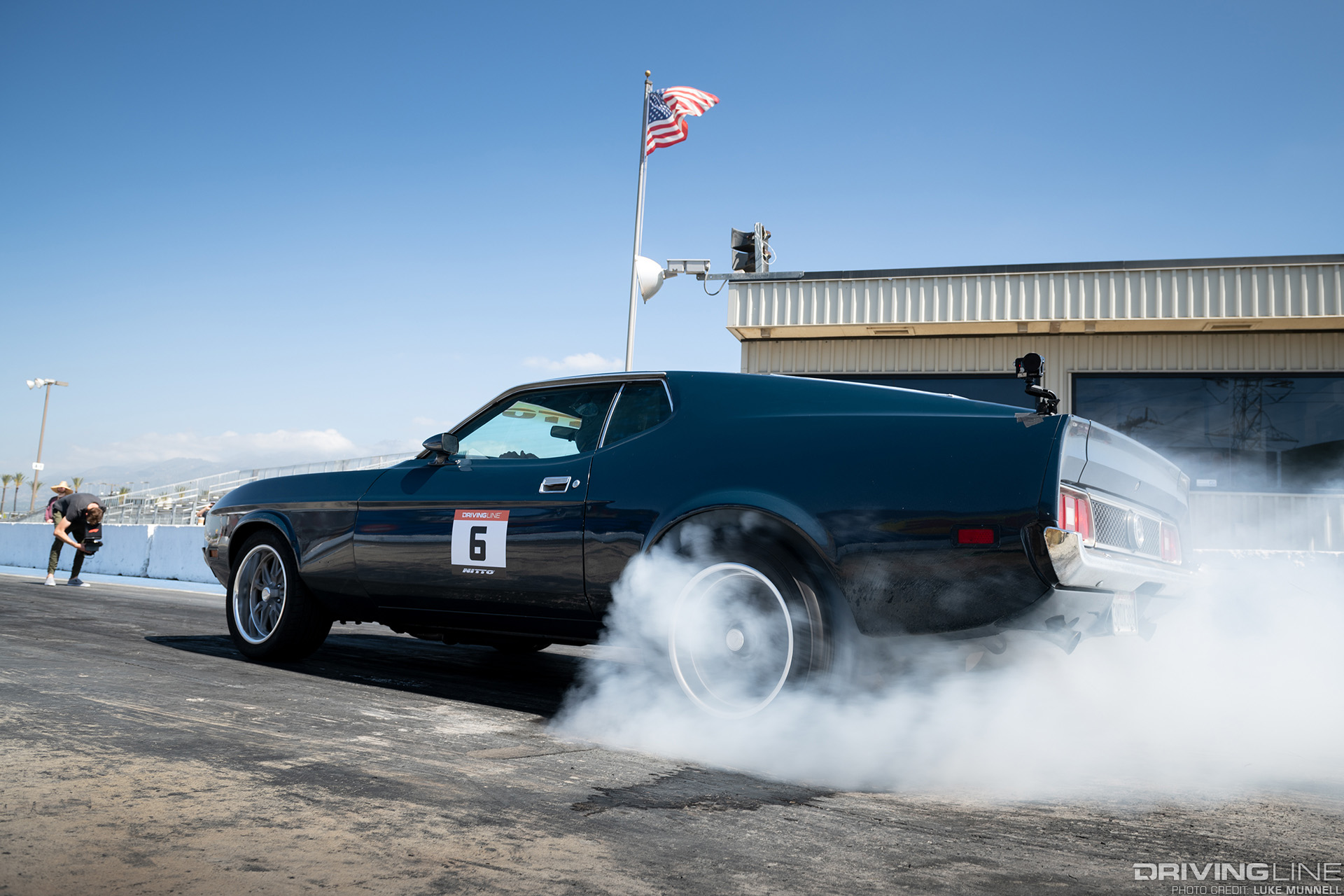 1973 Ford Mustang Mach 1 doing a burnout at Irwindale drag strip