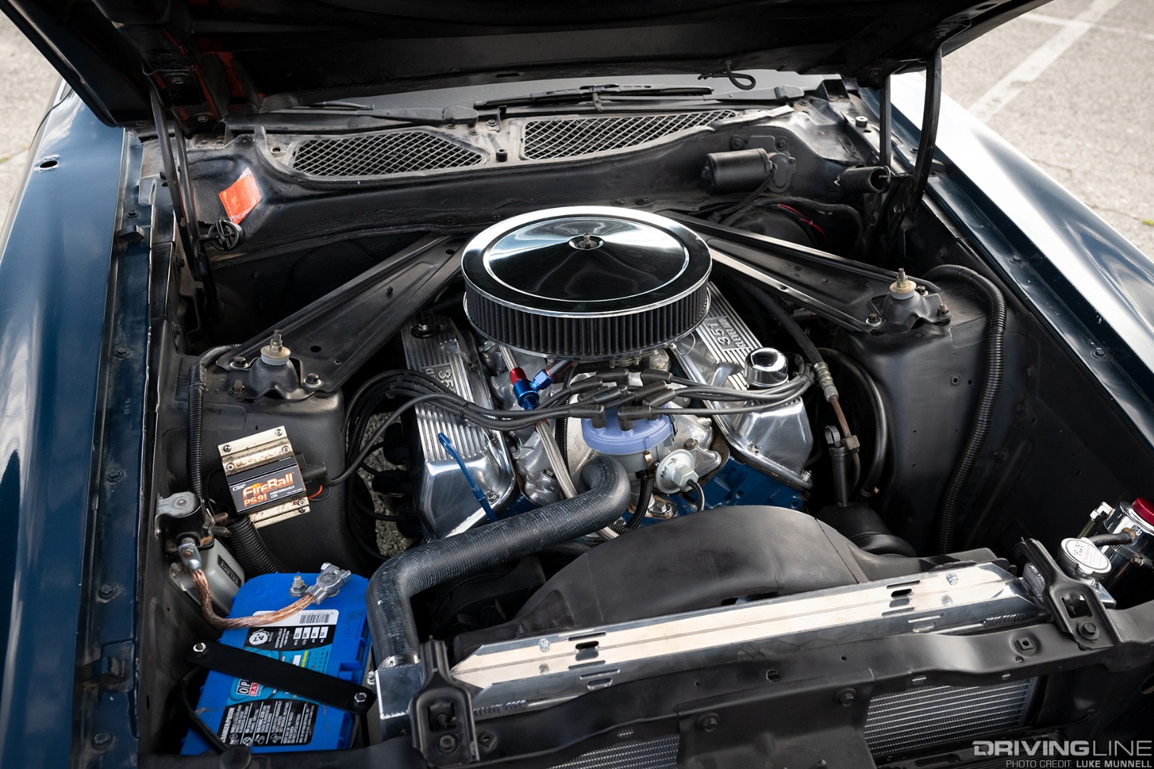 Engine bay of 1973 Mustang Mach 1 with 351ci Cleveland Engine