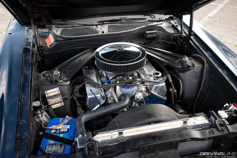 Engine bay of 1973 Mustang Mach 1 with 351ci Cleveland Engine
