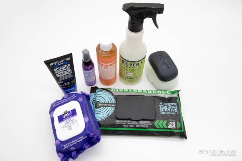 Biodegrable cleaners, soaps and wipes for camping