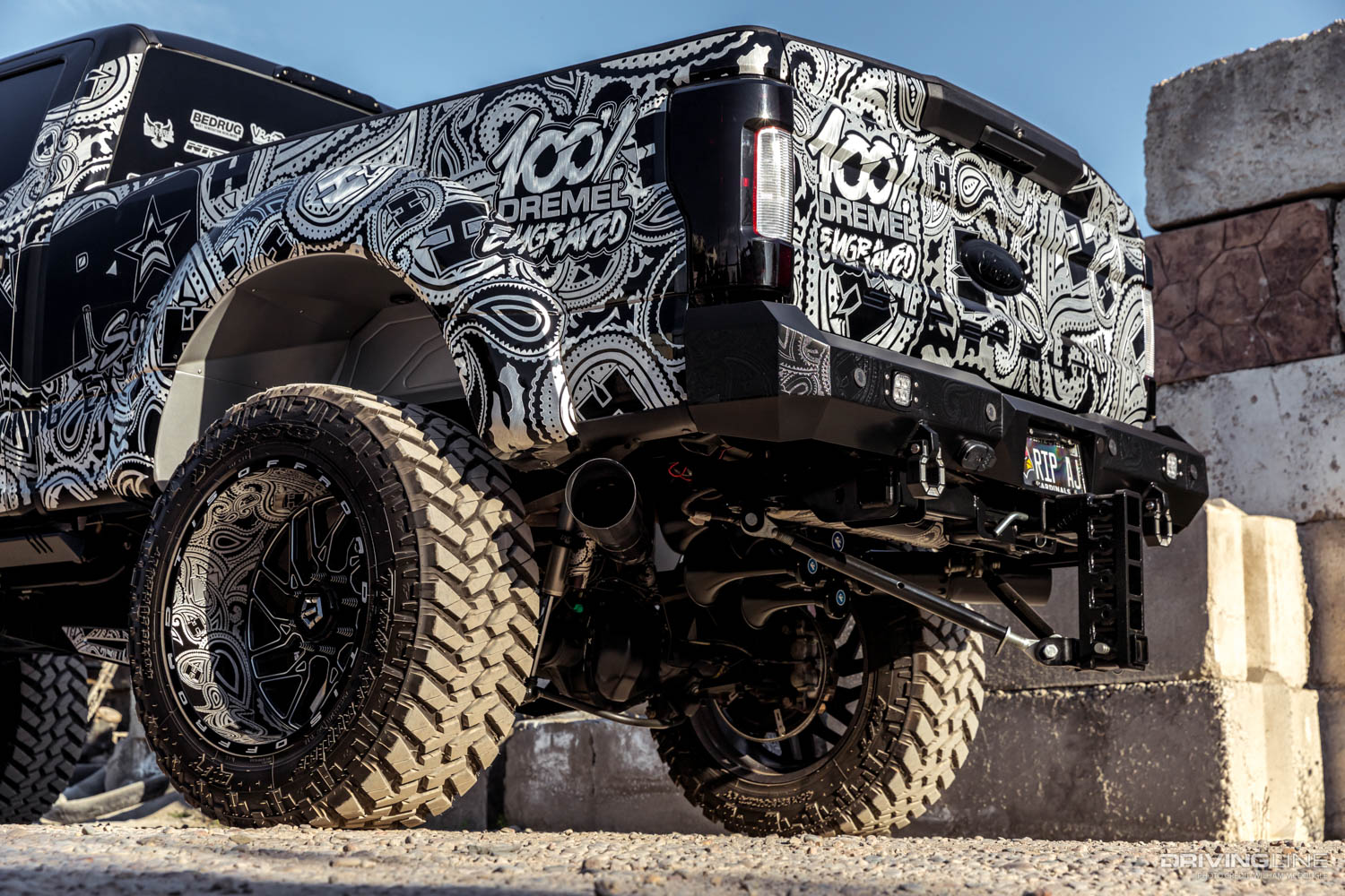 Rear end of a custom engraved Ford F250 pickup truck