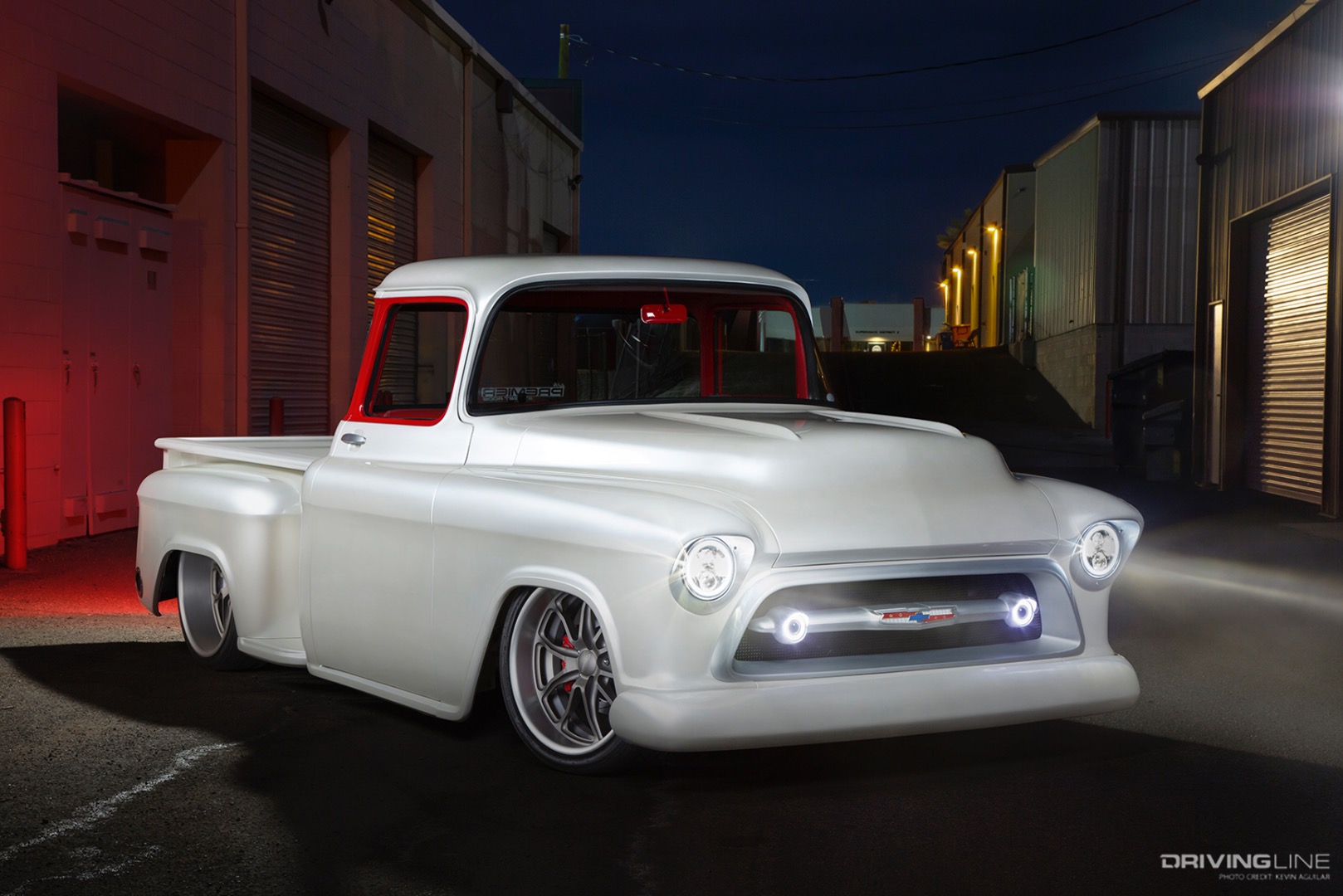 Front of Premier Street Rod's Snow White '57 Chevy 3100