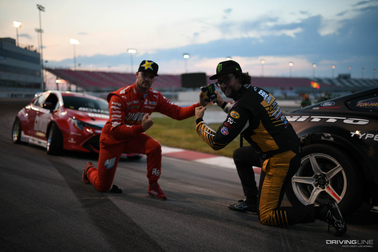 Formula Drift 2020 St Louis Round 2 Tuerck and Denofa Pose with Energy Drinks