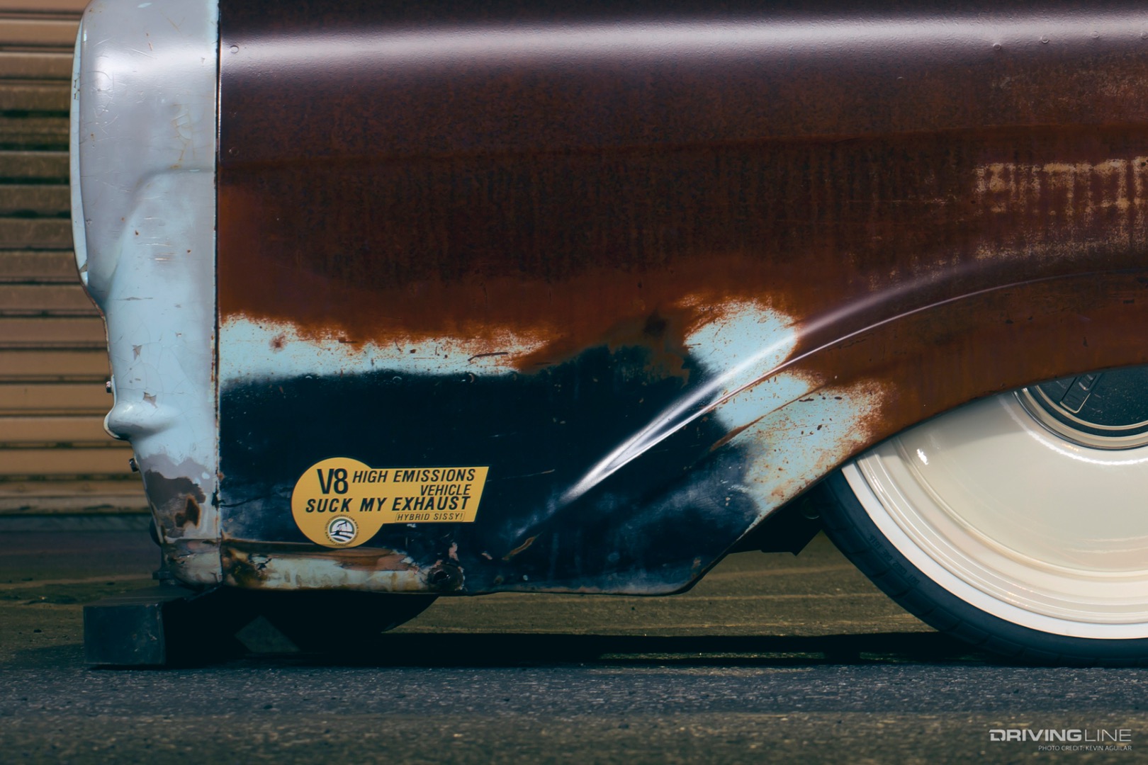 Emissions sticker on Tony Leal's '61 Ford F100