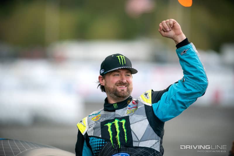 Vaughn Gittin Jr. fist pumps after emerging victorious at Evergreen Speedway