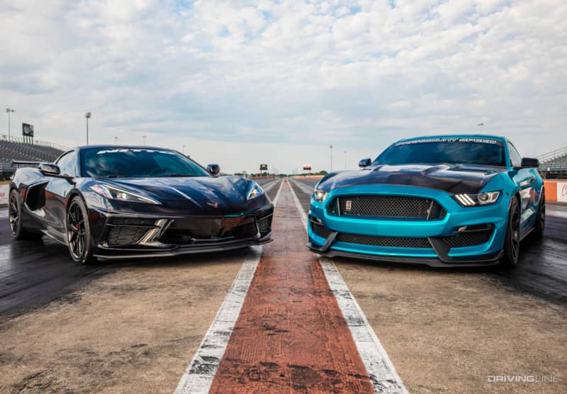 Corvette C8 and Mustang GT350 on Nitto Nt555 G2 tires on a dragstrip
