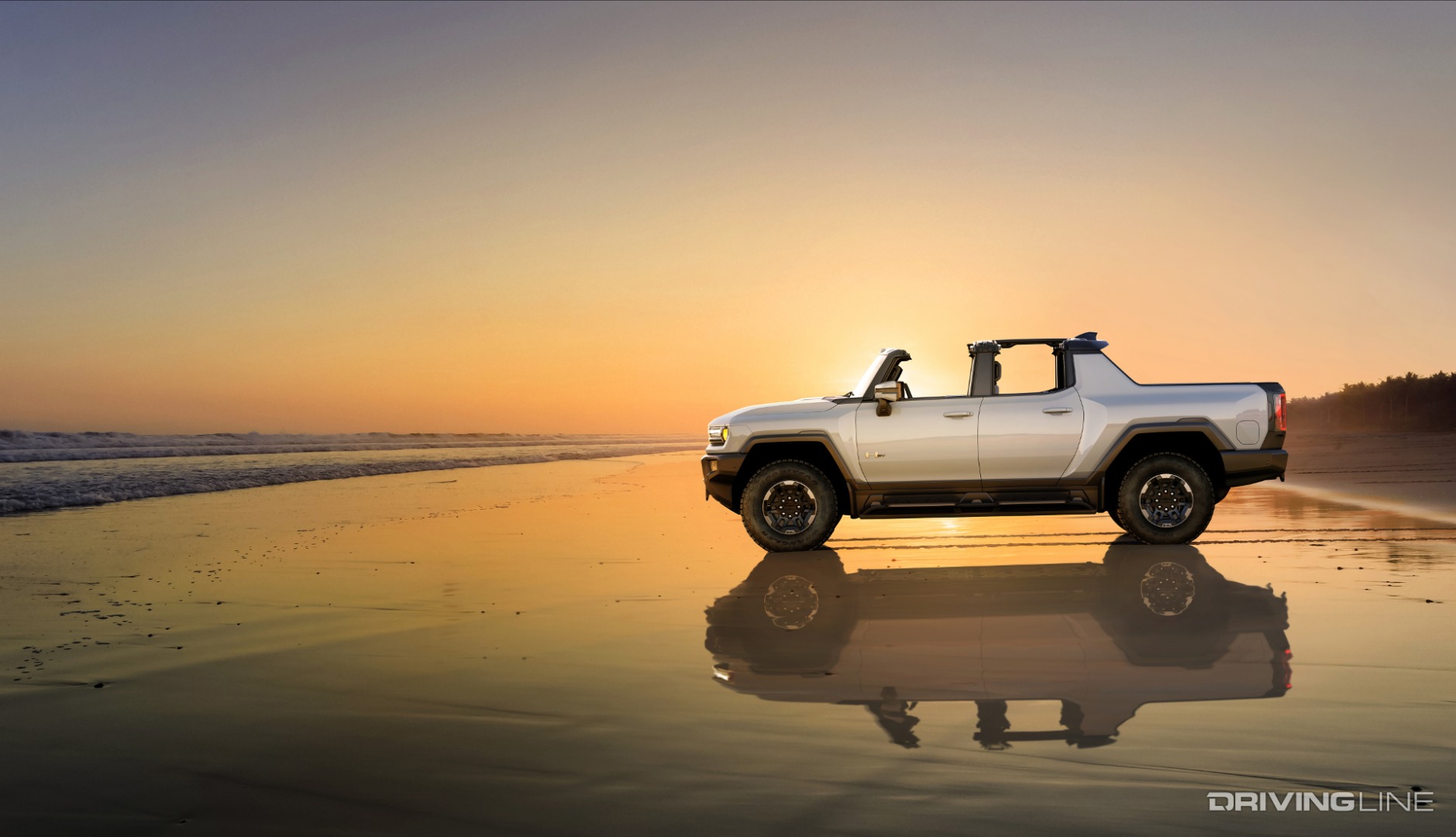Hummer EV Driver Side Profile With Sky Panels Removed On Beach At Sunset
