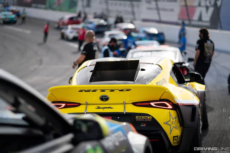 Fredric Aasbo awaits his turn in practice in his Toyota Supra ahead of Formula Drift Irwindale