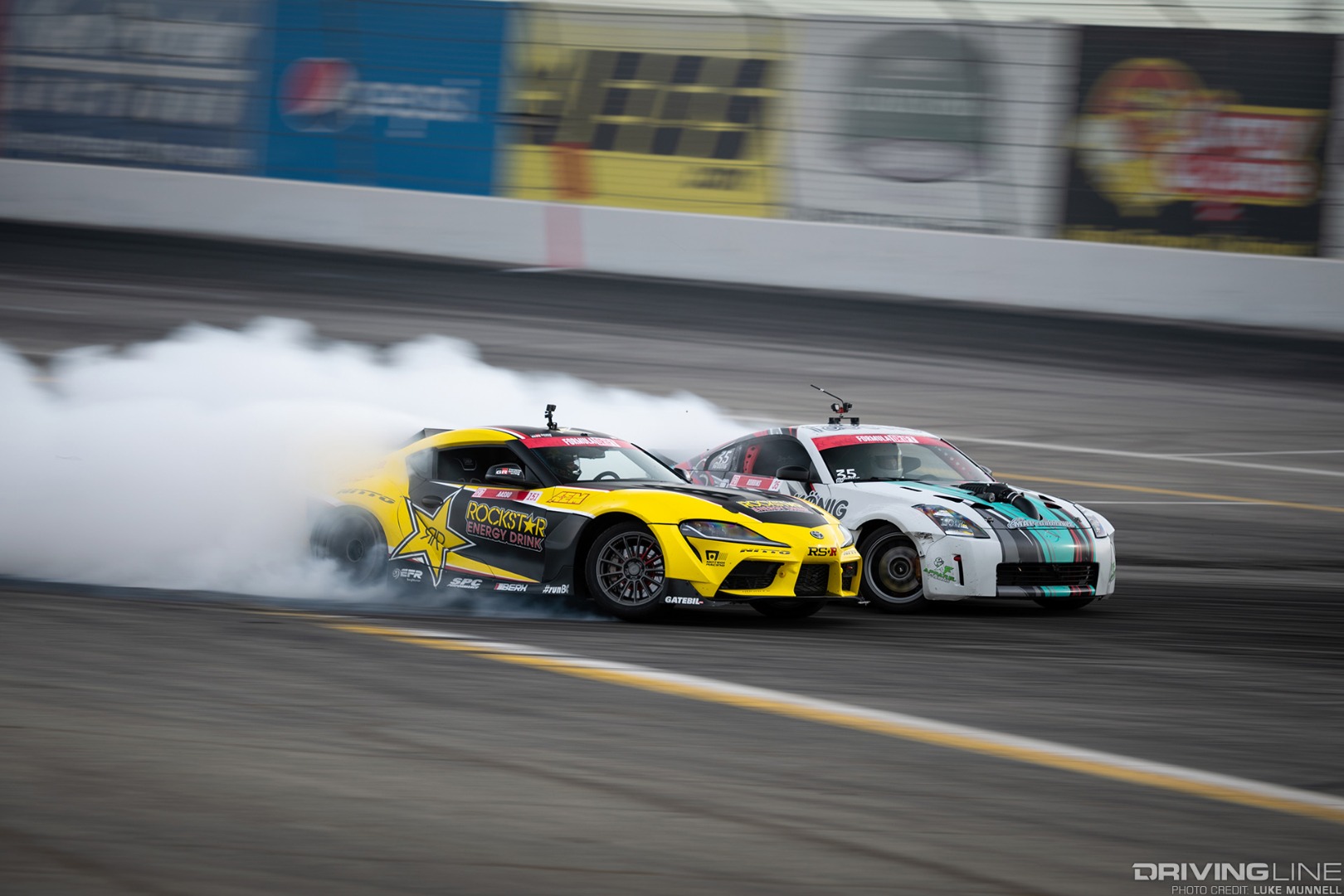 Fredric Aasbo and Alec Robbis practice before Formula Drift Round 7 at Irwindale