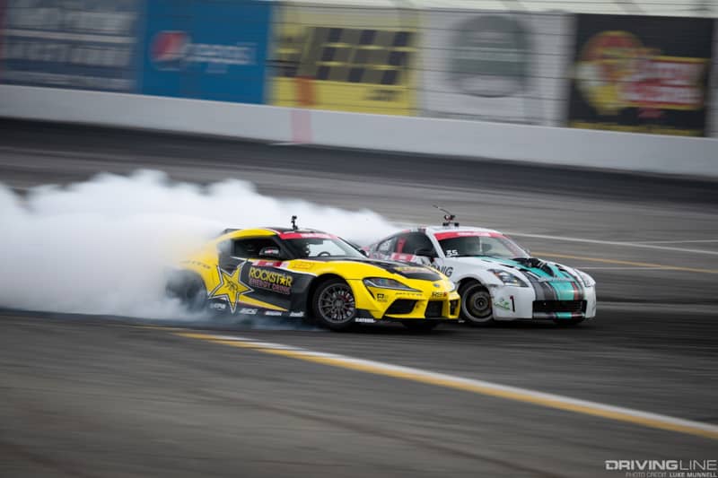 Fredric Aasbo and Alec Robbis practice before Formula Drift Round 7 at Irwindale