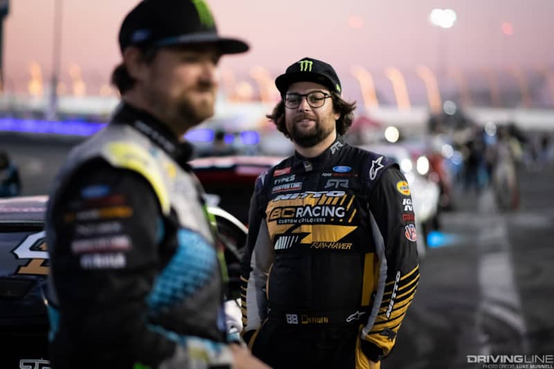 Chelsea Denofa and Vaughn Gittin Jr. await the opening ceremonies at Formula Drift Irwindale