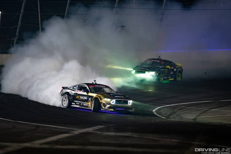 The tandem battle between teammates Vaughn Gittin Jr and Chelsea Denofa ended early when Gittin Jr. crashed midway through the bank at Formula Drift Irwindale