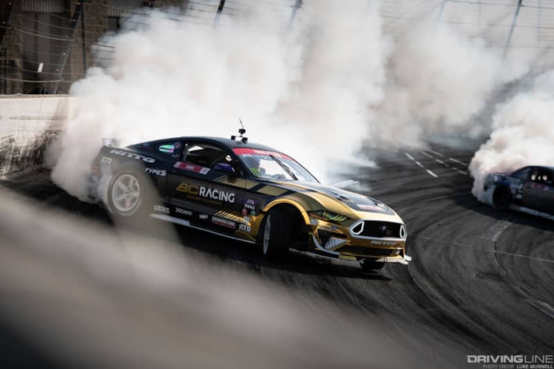 Chelsea Denofa drifts the bank at Irwindale Speedway at Round 7 of Formula Drift