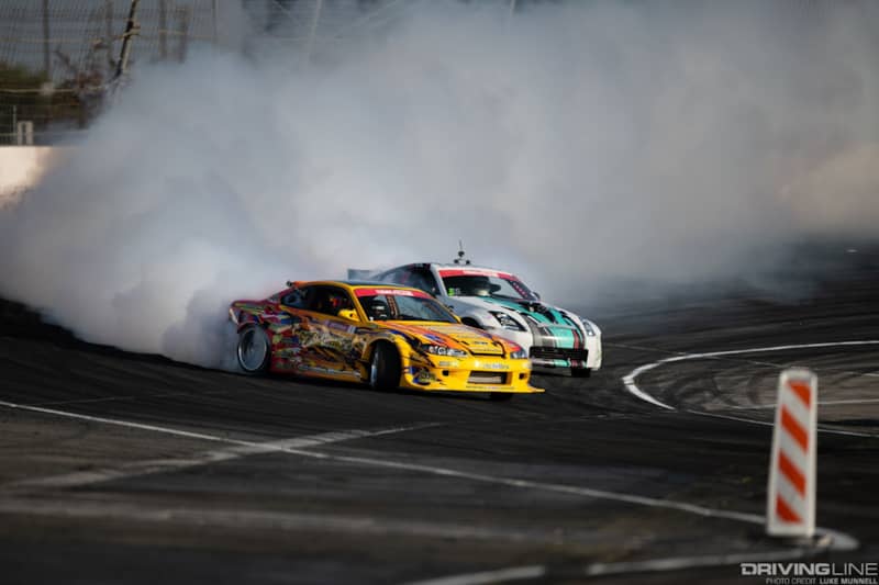Adam LZ battles fellow rookie Alec Robbins at Formula Drift Irwindale. Adam LZ went on to win Rookie of the Year honors for the 2020 Formula Drift season