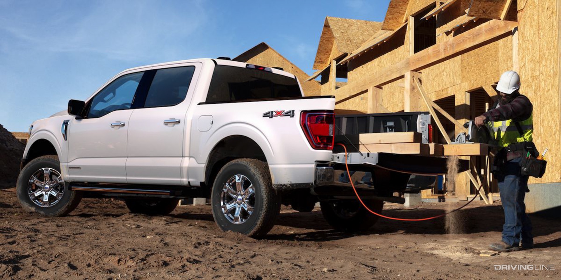 Ford F150 Powerboost construction site rear white