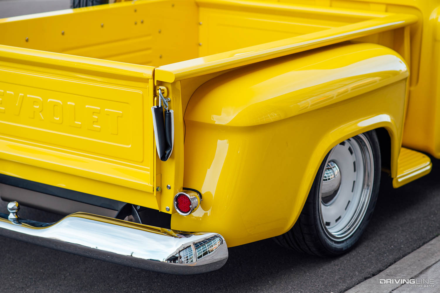 tail gate and bed of 1956 Chevy Pickup high yellow