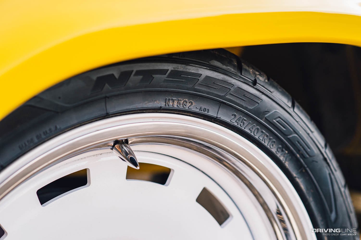 Nitto NT555 G2 tire on Girl Gang Garage high yellow 56 pickup truck