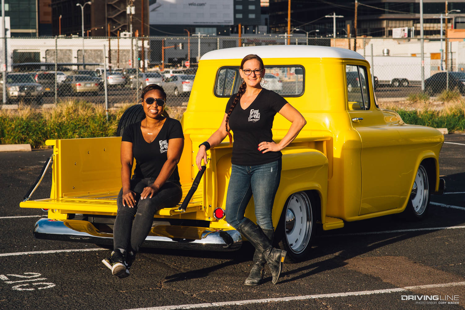 Bogi and coworker with High yellow 56 pickup truck