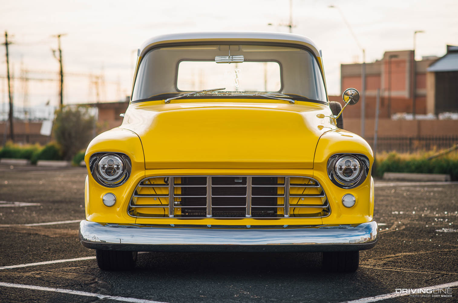 front end of Girl Gang Garage high yellow 56 chevy pickup