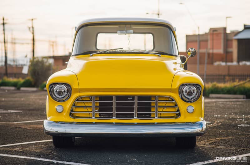 front end of Girl Gang Garage high yellow 56 chevy pickup
