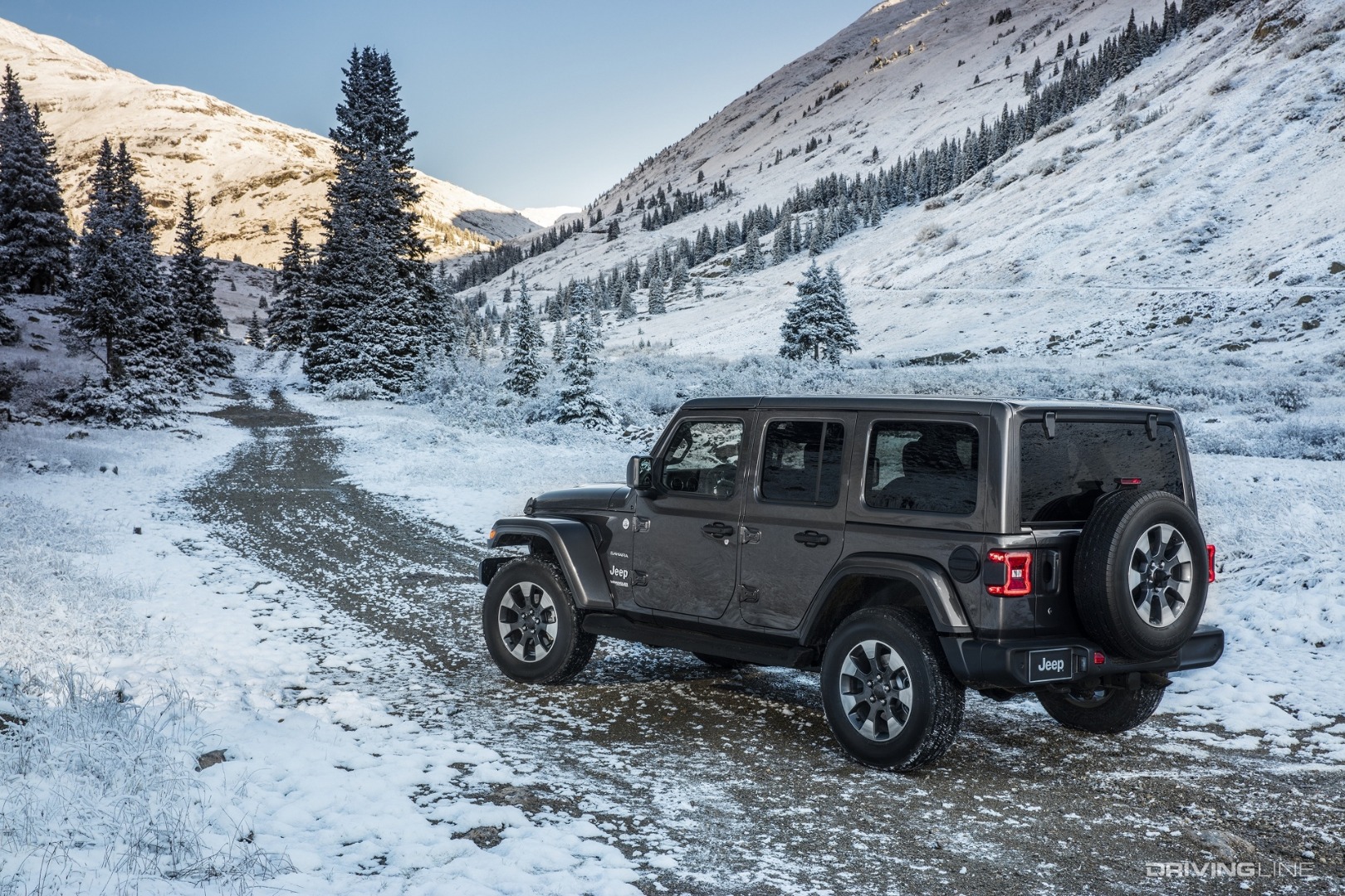 Jeep Wrangler Unlimited EcoDiesel in snow from rear