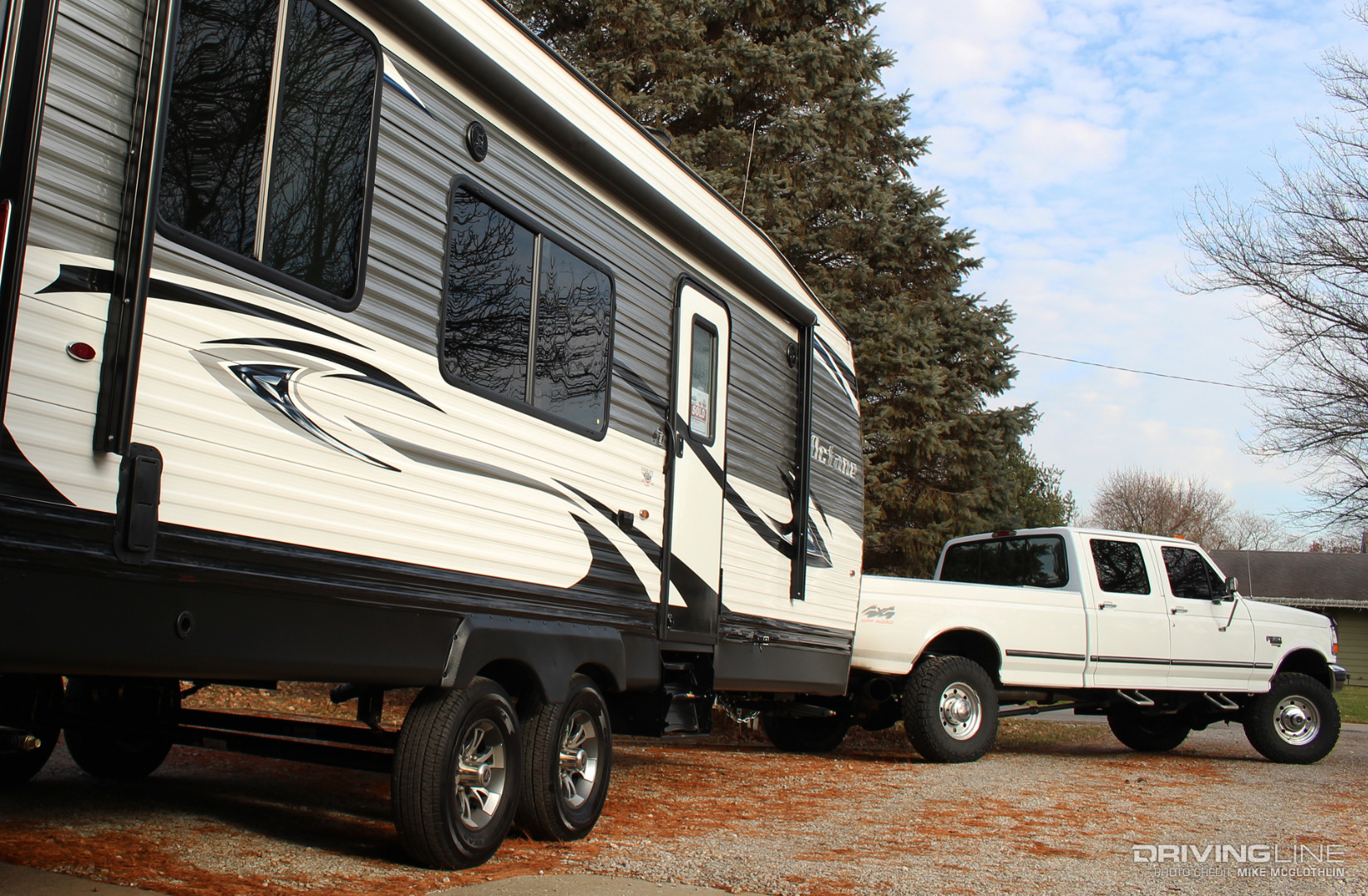 Camping trailer being towed by Ford Super Duty