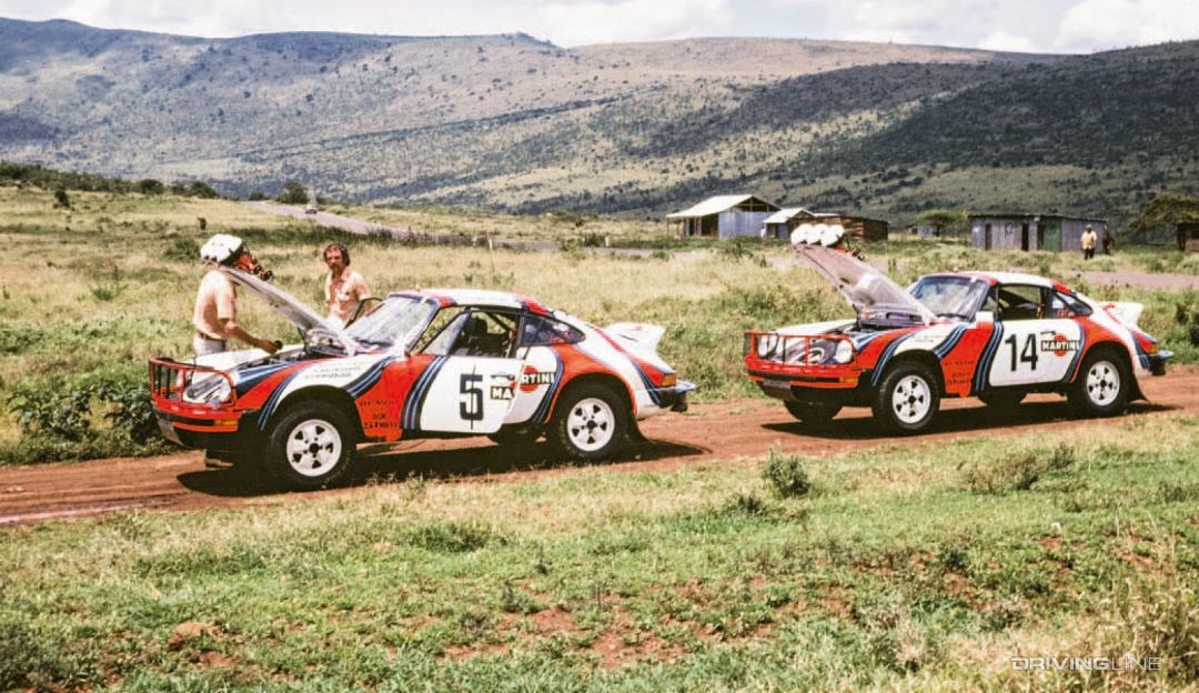 Porsche 911 Safari hoods up on rally track