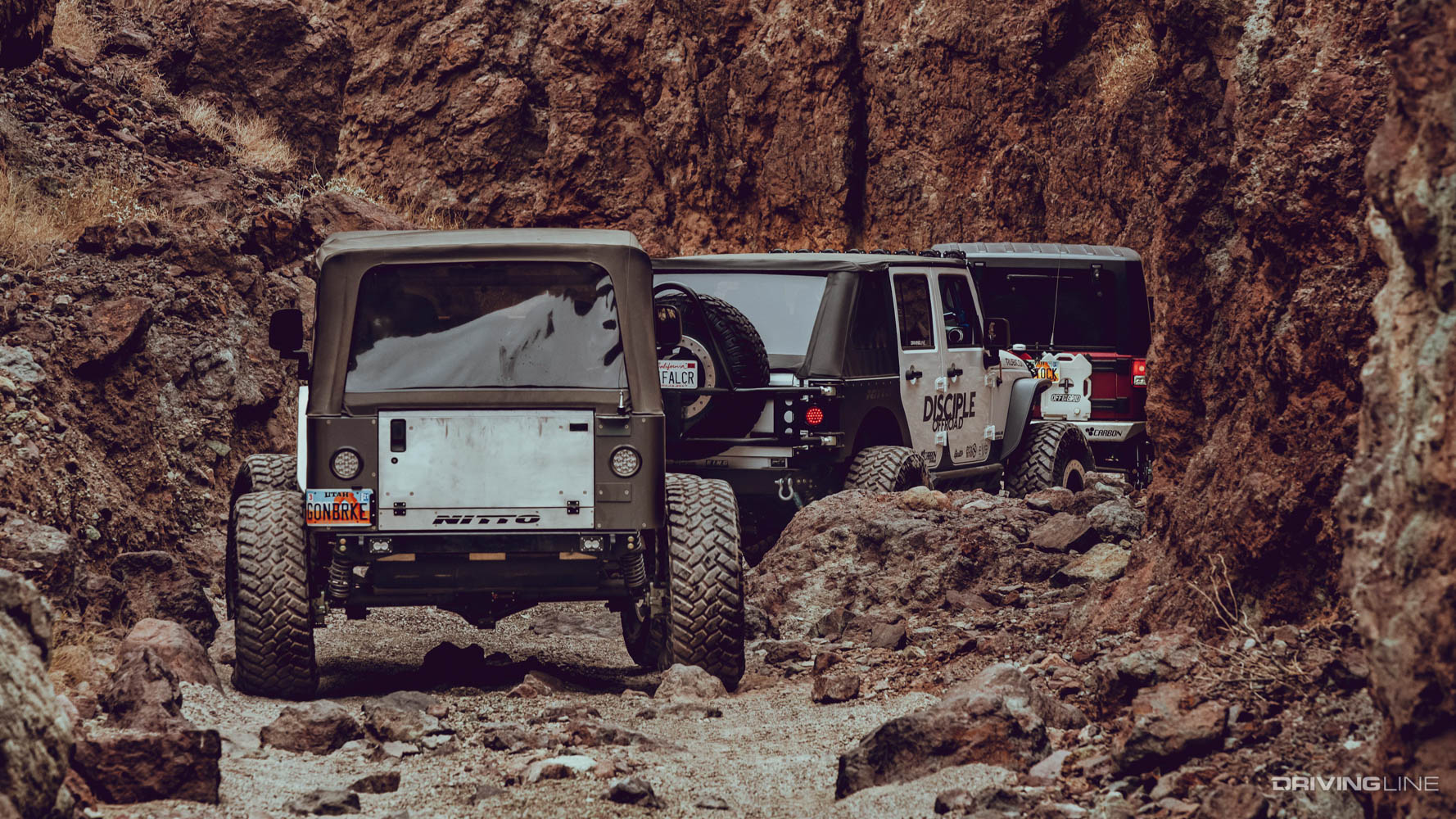 Off-roading in a canyon with 3 different Jeeps on Nitto Trail Grappler Tires