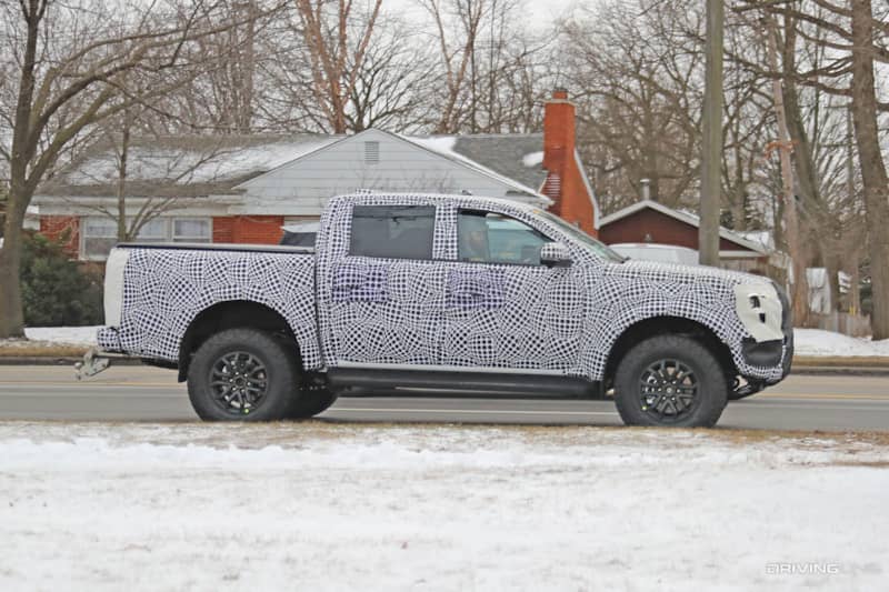 side profile spy photos of 2023 Ford Ranger Raptor