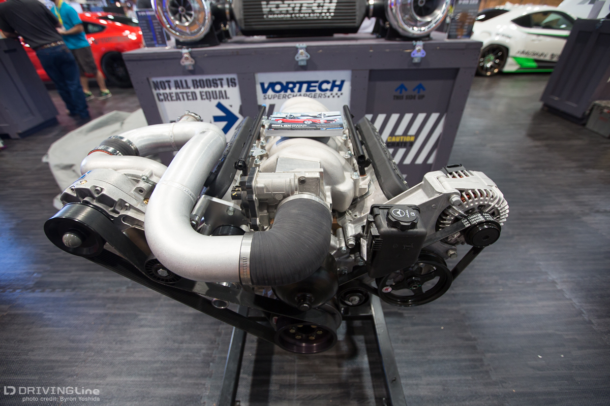 Centrifrugral supercharger installed on engine stand