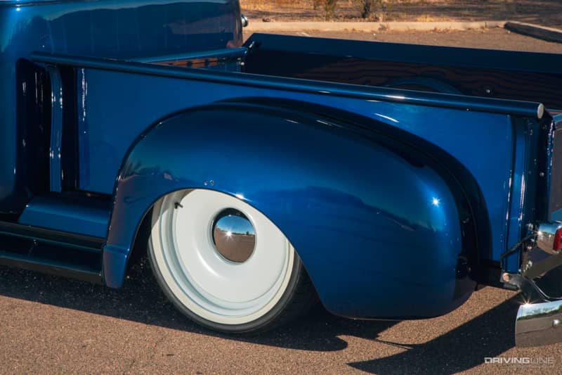 Wheel and tires of Mark Lynch's '49 Chevy 3100 Advance Design Pickup