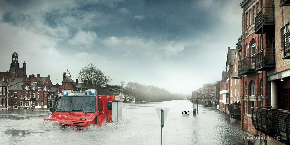 Unimog fording flood water