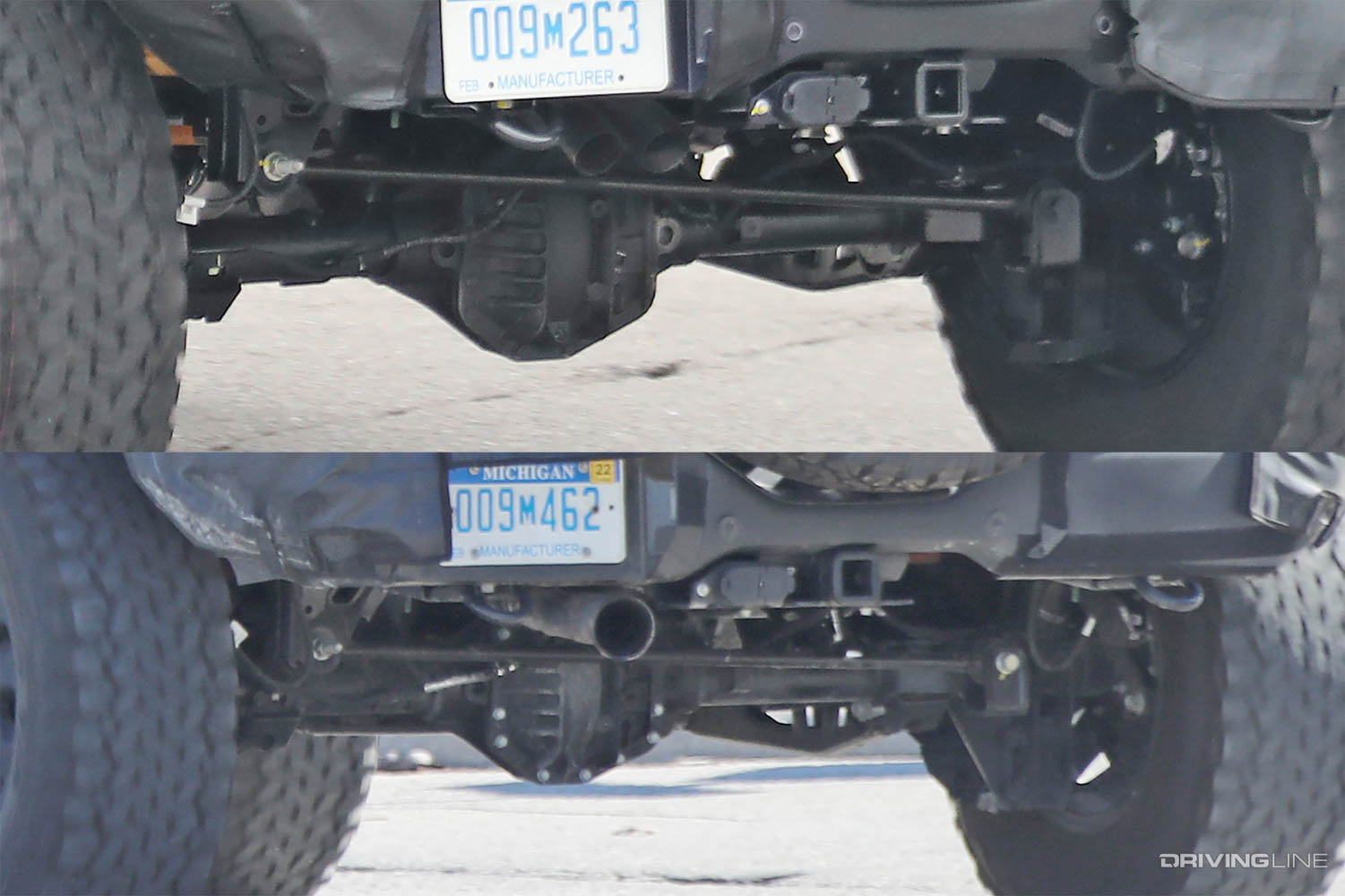 exhaust tip detail comparison of Bronco Warthog Hybrid spy photos