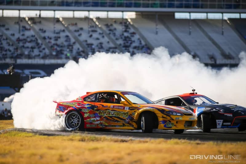 Adam LZ tandems alongside Chris Forsberg at his first event of his Formula Drift PRO career in St. Louis