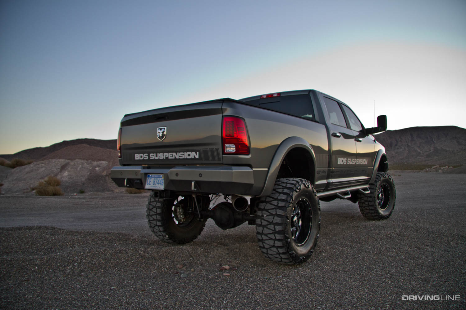 Rear passenger side of lifted 2013 Ram 3500 pickup